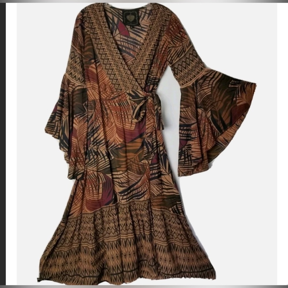 New Z&L Europe Tribal Print Beaded Bell Sleeve Ruffle Wrap Maxi Dress Me…